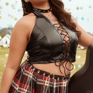 💜5 for 20$💜 SHEIN Faux Leather Lace Up Halter Crop Top